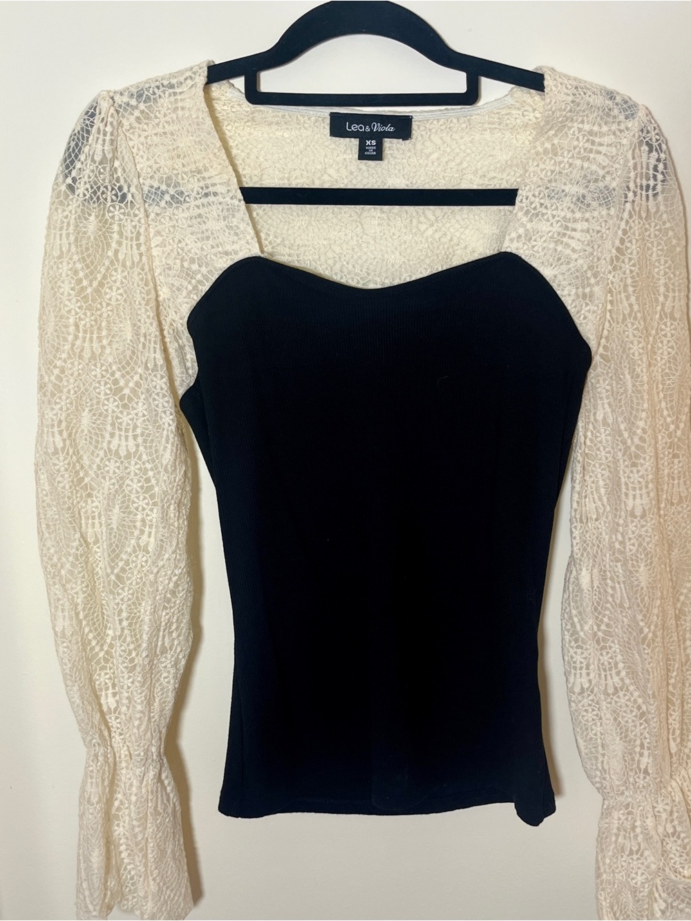Lea & Viola Black Top with Cream Lace Sleeves